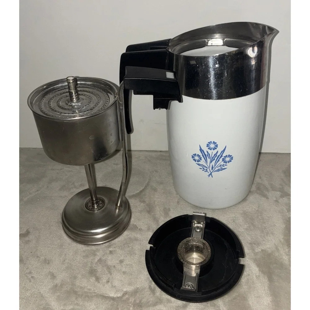 Corning Electric Percolator 10 Cup Floral White Blue E-1210 Dent No Cord